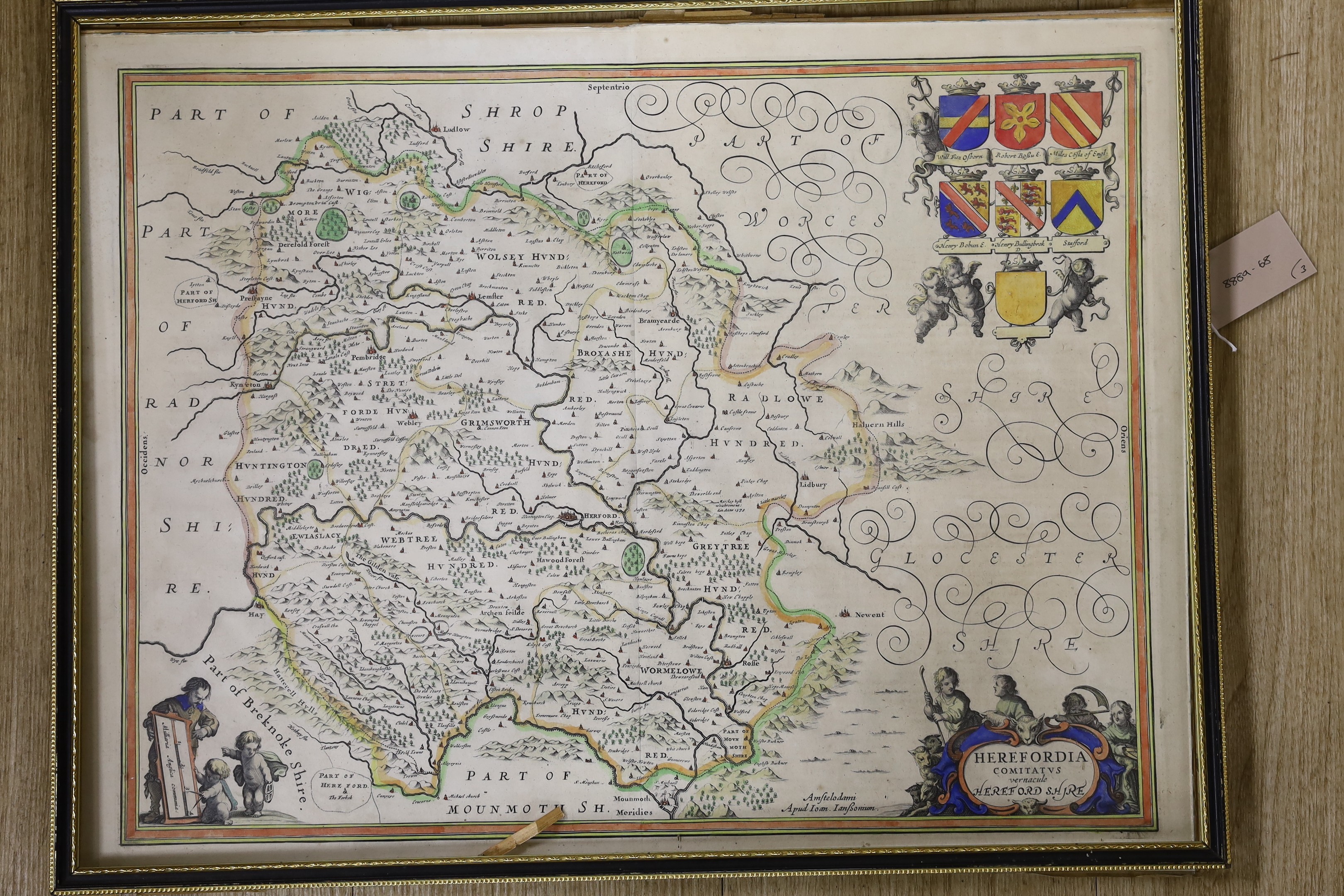 Jan Janssen, coloured engraving, Map of Herofordiae, Latin text verso, 41 x 54cm, a similar map of Salopiensis, overall 44 x 56cm, and a Greenwood map of Surrey, 64 x 76cm